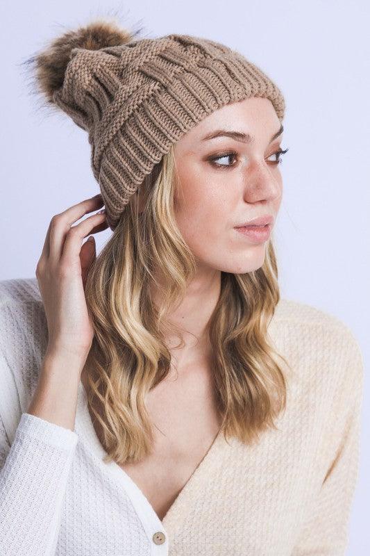 Braided Knitted Fur Pom Beanie - Leo’s Look Your Best 