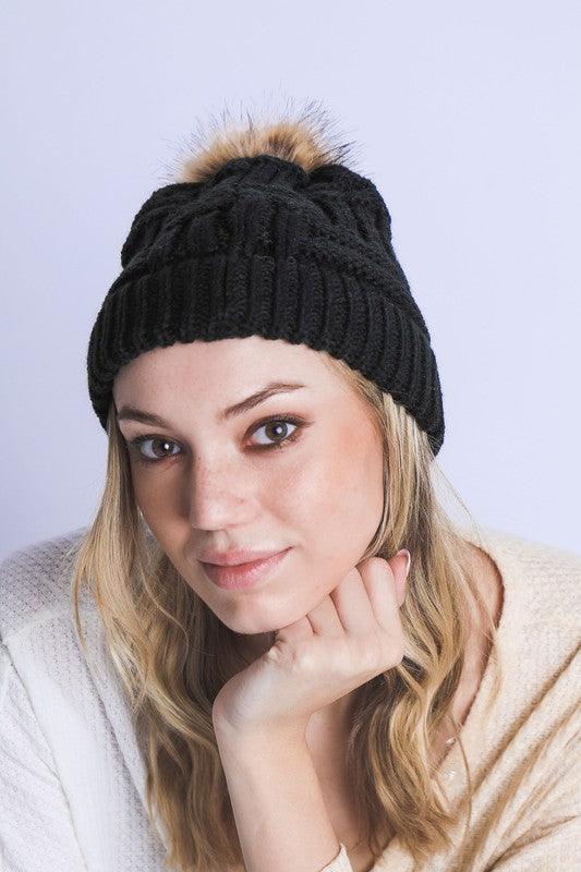 Braided Knitted Fur Pom Beanie - Leo’s Look Your Best 
