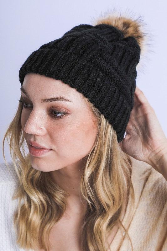 Braided Knitted Fur Pom Beanie - Leo’s Look Your Best 