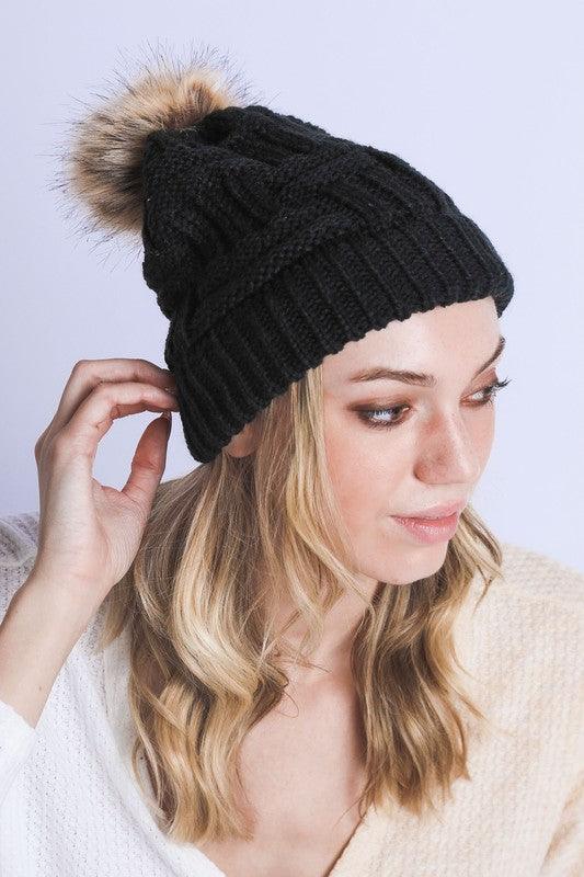 Braided Knitted Fur Pom Beanie - Leo’s Look Your Best 