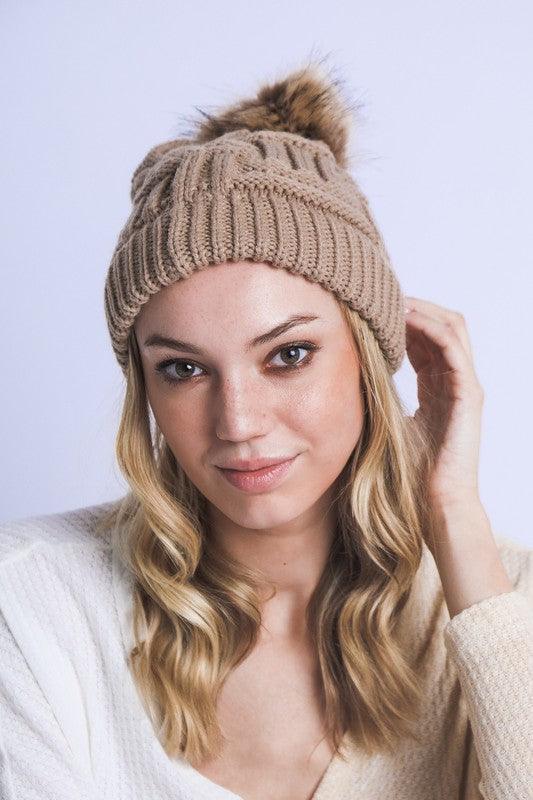 Braided Knitted Fur Pom Beanie - Leo’s Look Your Best 