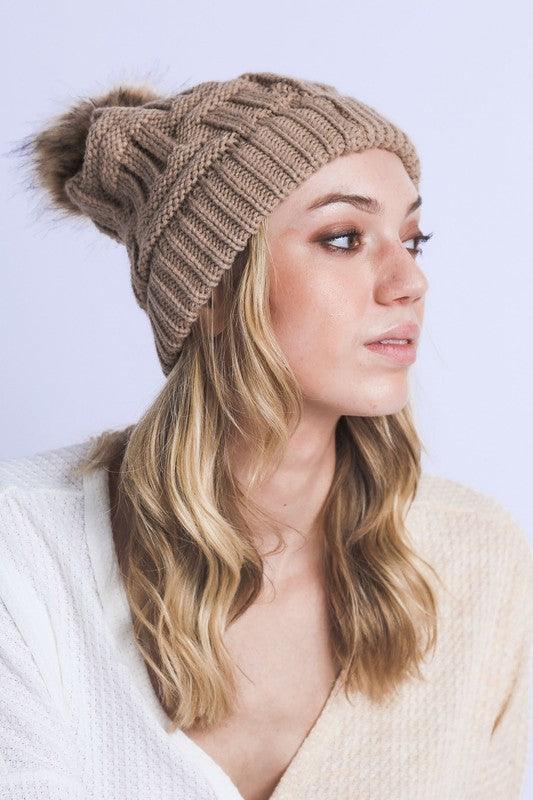 Braided Knitted Fur Pom Beanie - Leo’s Look Your Best 
