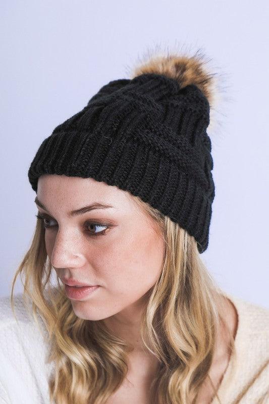 Braided Knitted Fur Pom Beanie - Leo’s Look Your Best 