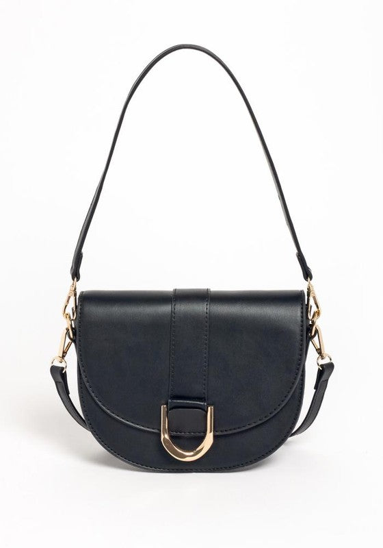 Black handbag with a gold clasp on a white background