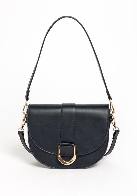 Black handbag with a gold clasp on a white background