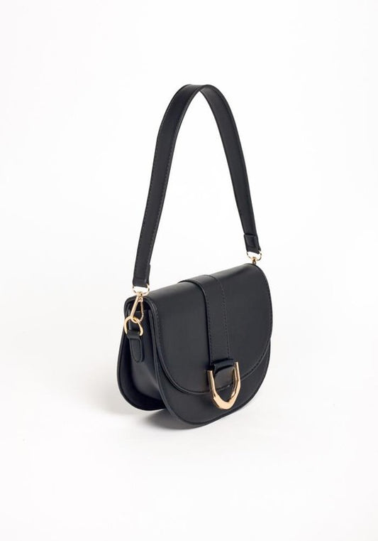 Black handbag with gold accents on a white background