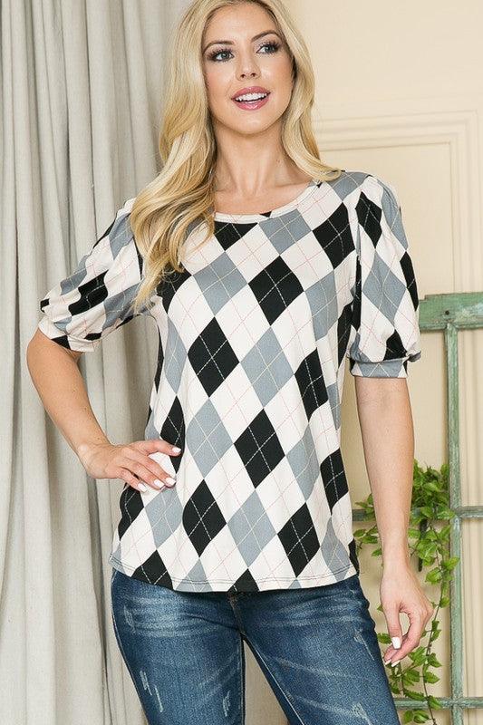 Argyle Print Puff Sleeve Knit Jersey Top - Leo’s Look Your Best