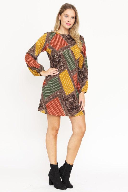 Bishop Sleeve Multi Patch Pattern Mini Dress - Leo’s Look Your Best