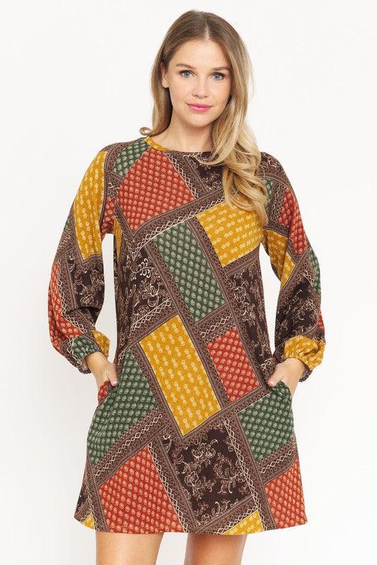 Bishop Sleeve Multi Patch Pattern Mini Dress - Leo’s Look Your Best