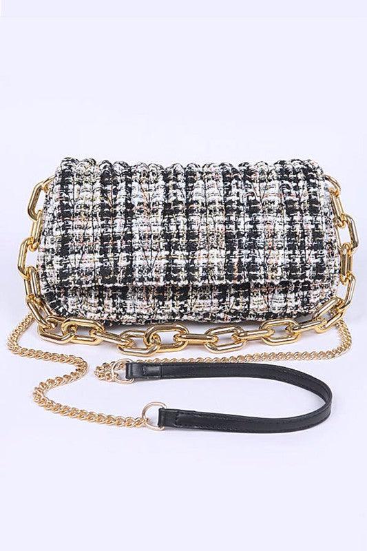 Quilted Tweed Chunky Chain Shoulder Bag - Leo’s Look Your Best