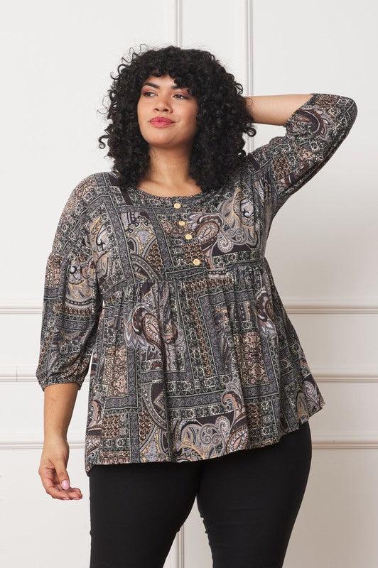 Plus Button Accent Paisley Top - Leo’s Look Your Best