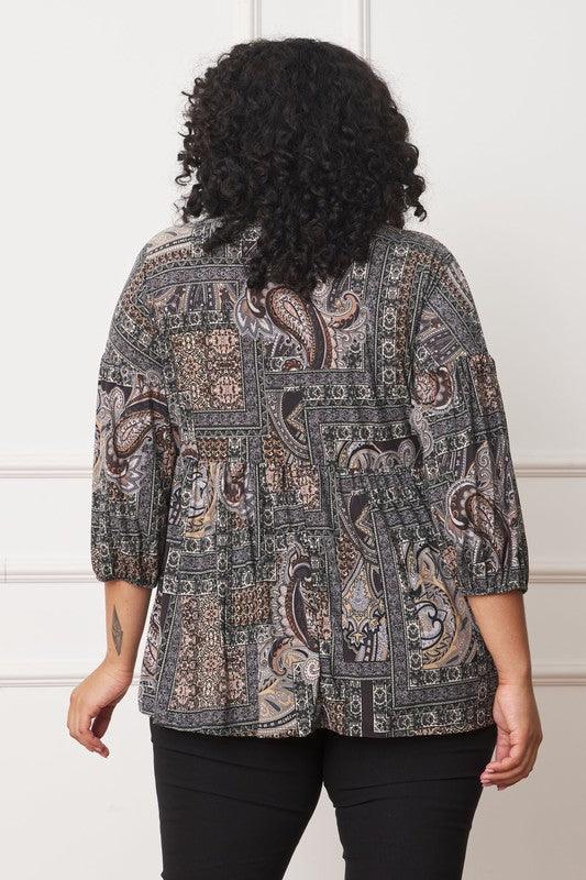 Plus Button Accent Paisley Top - Leo’s Look Your Best