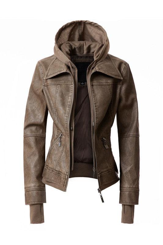 Women's Hood PU Leather Jacket - Leo’s Look Your Best
