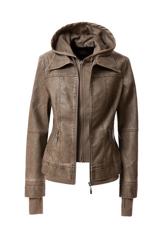 Women's Hood PU Leather Jacket - Leo’s Look Your Best