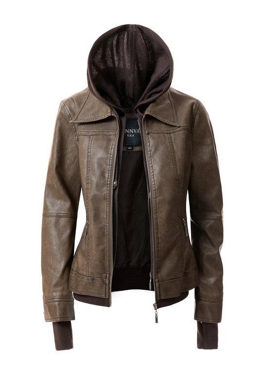 Women's Hood PU Leather Jacket - Leo’s Look Your Best