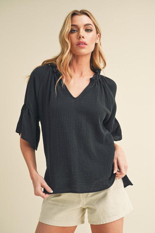 Aemi + Co Side Slit Notched Ruffled Half Sleeve Blouse - Leo’s Look Your Best