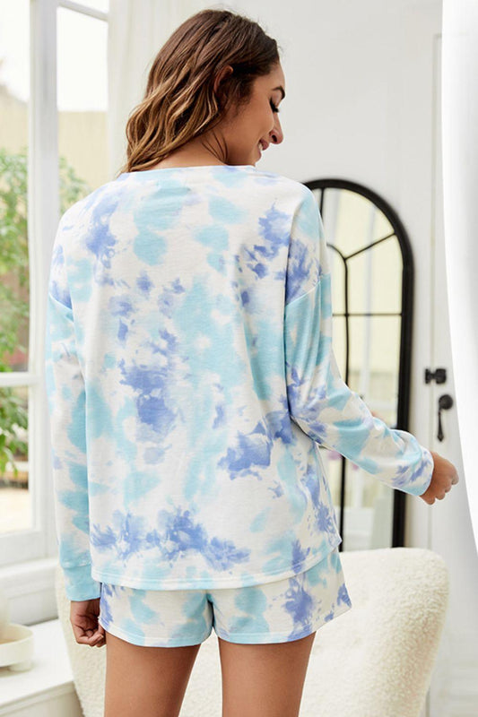 Shiny Tie-Dye Dropped Shoulder Top and Shorts Lounge Set - Leo’s Look Your Best