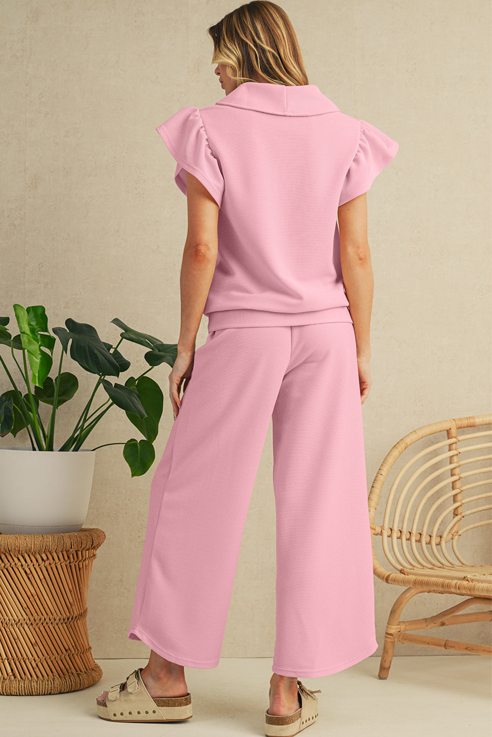 Apricot Textured Ruffle Sleeve Zipped Top and Wide Leg Pants Set