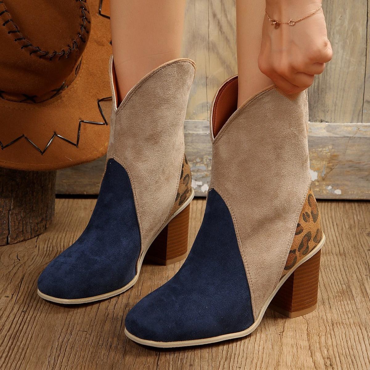 Fashion Splicing Suede Boots Retro Pointed-toe Square High Heel Mid-calf Boots For Women Fall And Winter Shoes - Leo’s Look Your Best 