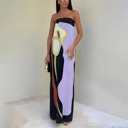 2024 New Fashion Printed Off Shoulder Long Dress Beach Robes Sexy Summer Avocado Print Tube Top Dress Lady Party Evening Dresses