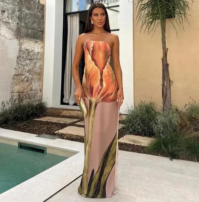 2024 New Fashion Printed Off Shoulder Long Dress Beach Robes Sexy Summer Avocado Print Tube Top Dress Lady Party Evening Dresses