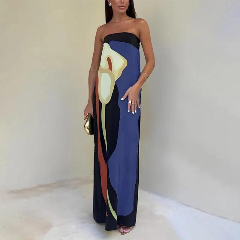 2024 New Fashion Printed Off Shoulder Long Dress Beach Robes Sexy Summer Avocado Print Tube Top Dress Lady Party Evening Dresses