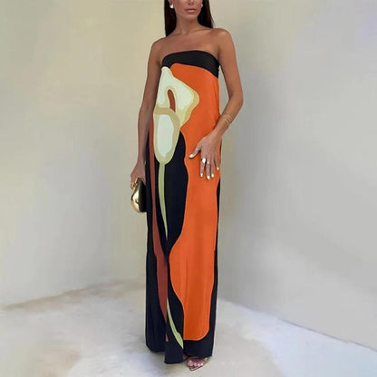 2024 New Fashion Printed Off Shoulder Long Dress Beach Robes Sexy Summer Avocado Print Tube Top Dress Lady Party Evening Dresses