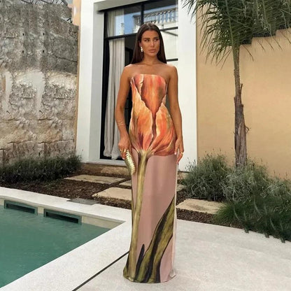 2024 New Fashion Printed Off Shoulder Long Dress Beach Robes Sexy Summer Avocado Print Tube Top Dress Lady Party Evening Dresses