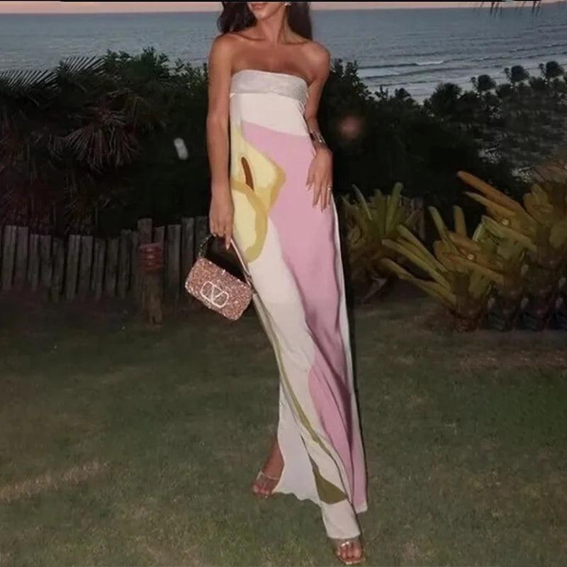 2024 New Fashion Printed Off Shoulder Long Dress Beach Robes Sexy Summer Avocado Print Tube Top Dress Lady Party Evening Dresses