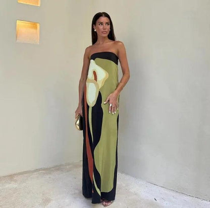 2024 New Fashion Printed Off Shoulder Long Dress Beach Robes Sexy Summer Avocado Print Tube Top Dress Lady Party Evening Dresses