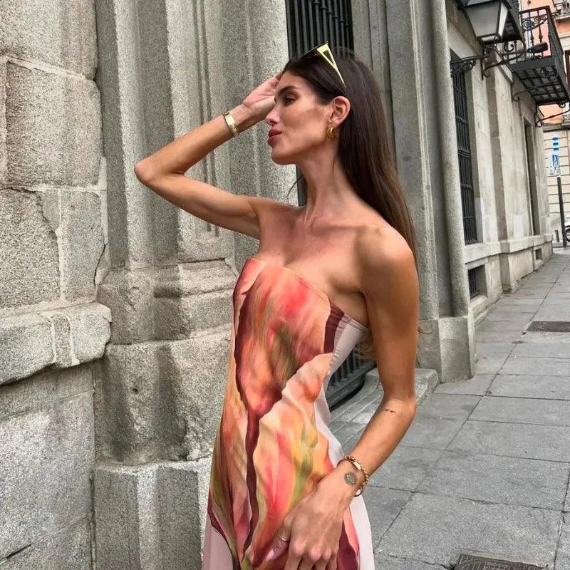 2024 New Fashion Printed Off Shoulder Long Dress Beach Robes Sexy Summer Avocado Print Tube Top Dress Lady Party Evening Dresses