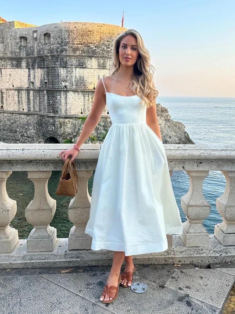 2024-Women-s-Dresses-Pink-Elegant-and-Pretty-Midi-White-Vacation-Dress-Spaghetti-Strap-Beach-Dress - Leo’s Look Your Best 