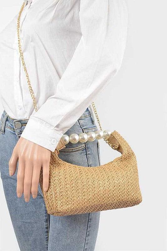 Pearl Handle Faux Straw Fashion Clutch - Leo’s Look Your Best