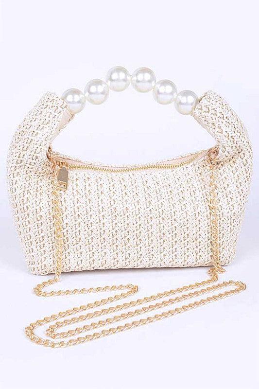 Pearl Handle Faux Straw Fashion Clutch - Leo’s Look Your Best
