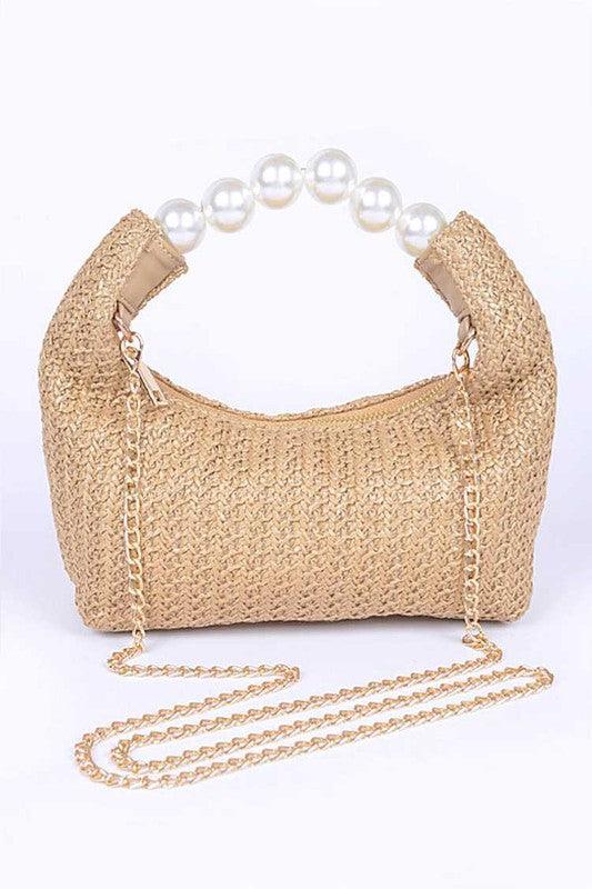 Pearl Handle Faux Straw Fashion Clutch - Leo’s Look Your Best