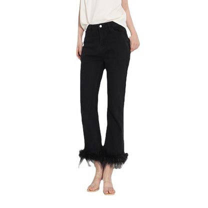 Simple Cropped Fashion Trousers Ostrich Feather Stitching Design For Women