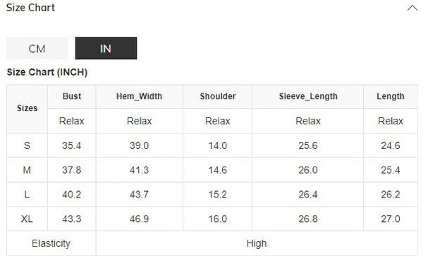 Size chart for clothing measurements in centimeters and inches