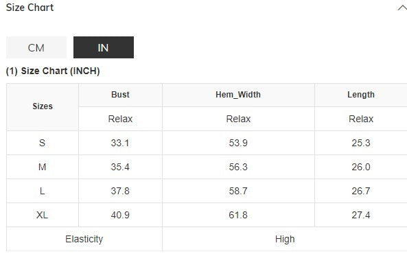 Size chart for clothing measurements in centimeters and inches