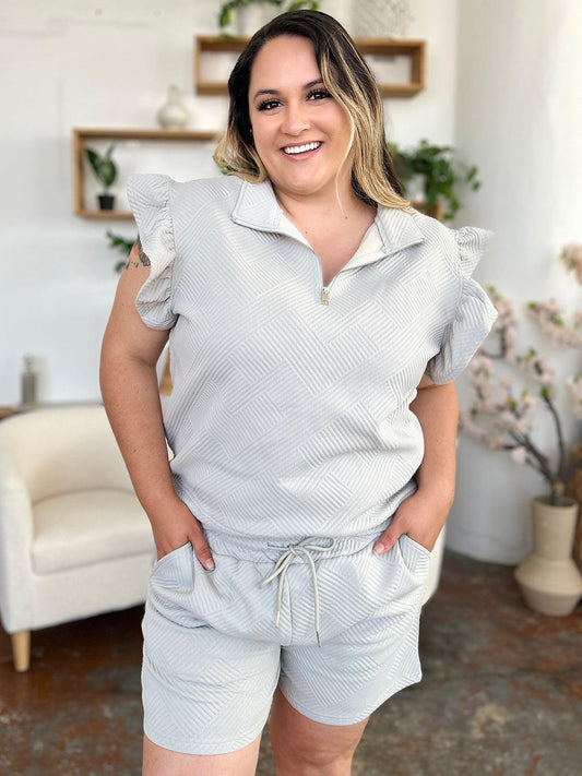 Double Take Full Size Texture Flounce Sleeve Top and Drawstring Shorts Set - Leo’s Look Your Best
