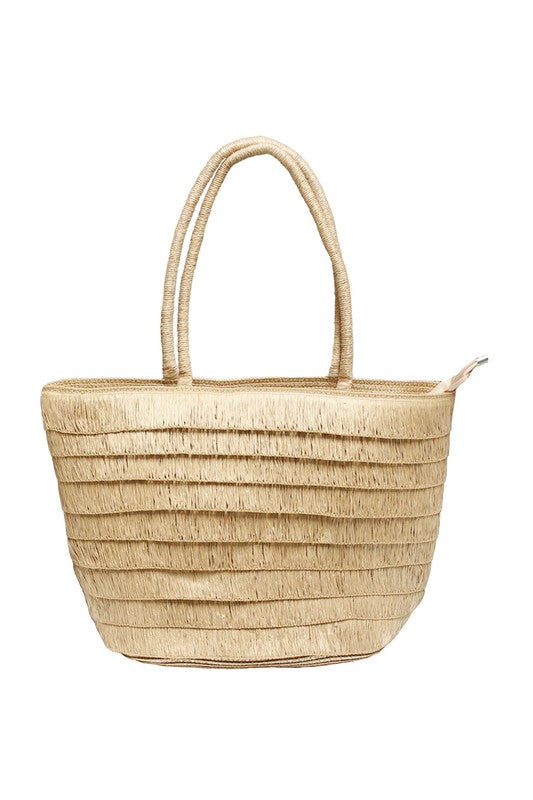 Beige woven tote bag on a white background