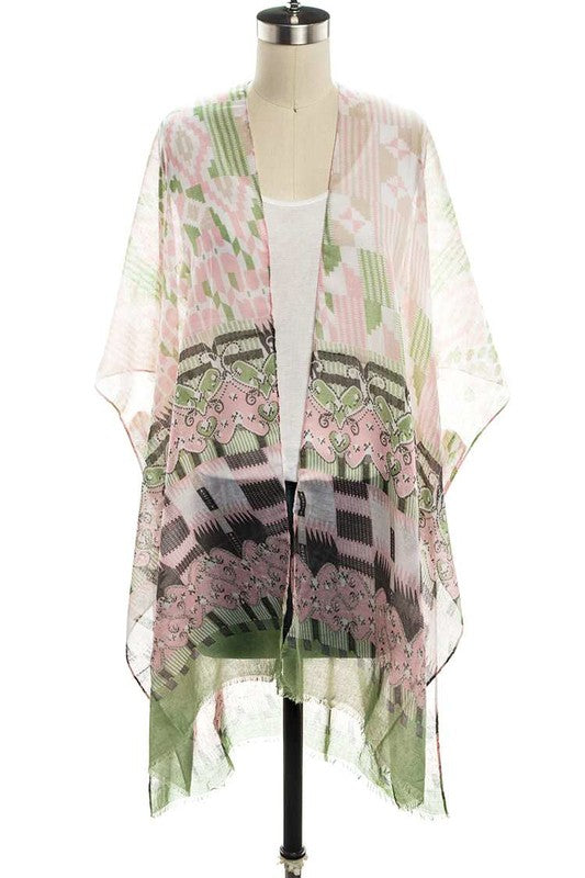 Floral patterned kimono on a mannequin against a white background