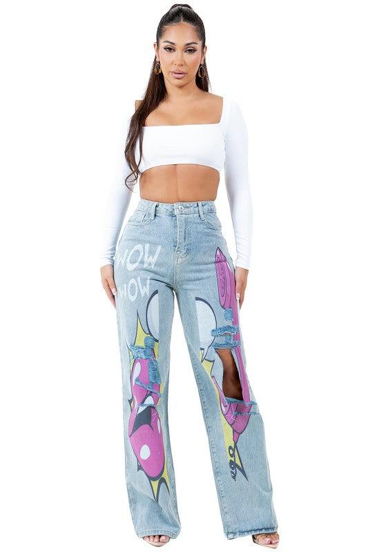 Graffiti Print Wide Leg Jeans - Leo’s Look Your Best