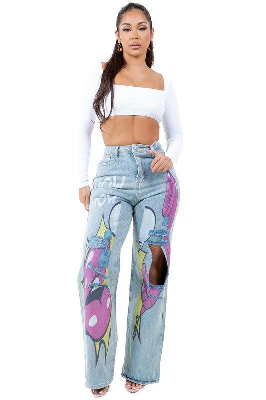 Graffiti Print Wide Leg Jeans - Leo’s Look Your Best