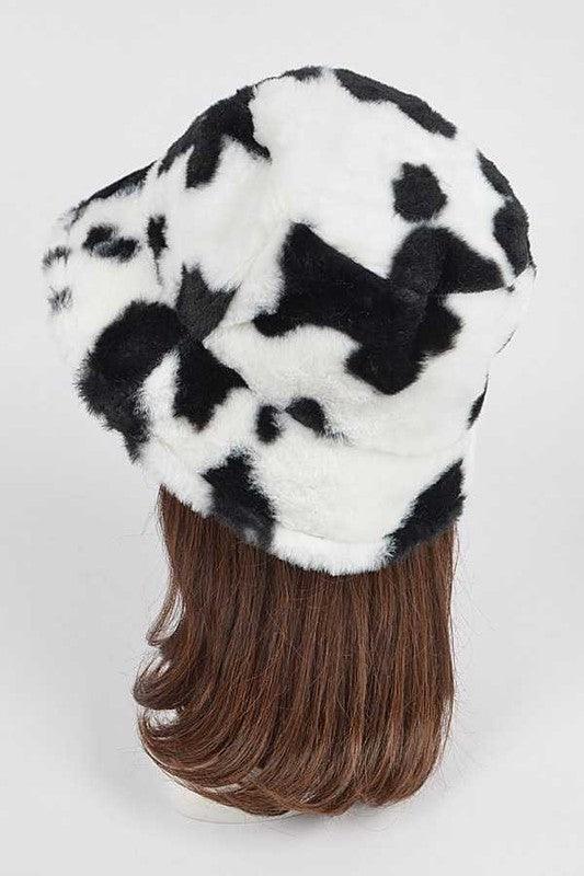 Cow Print Faux Fur Bucket Hat - Leo’s Look Your Best