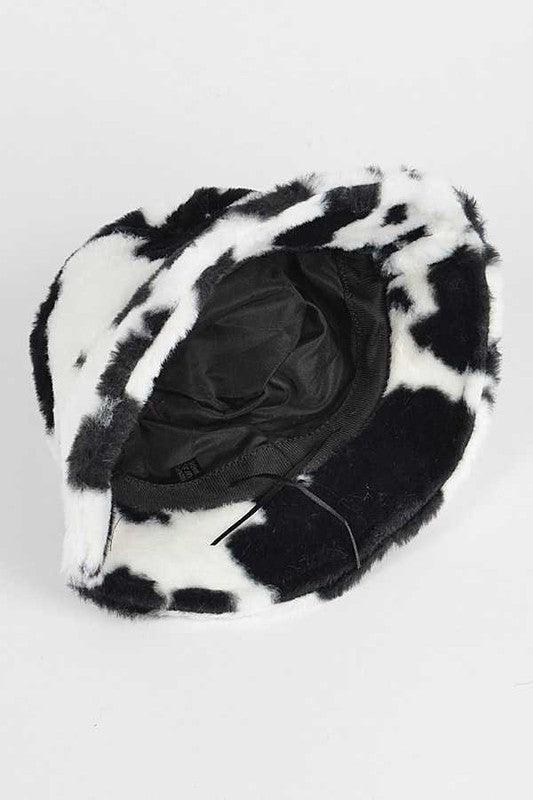 Cow Print Faux Fur Bucket Hat - Leo’s Look Your Best