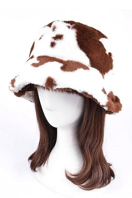 Cow Print Faux Fur Bucket Hat - Leo’s Look Your Best