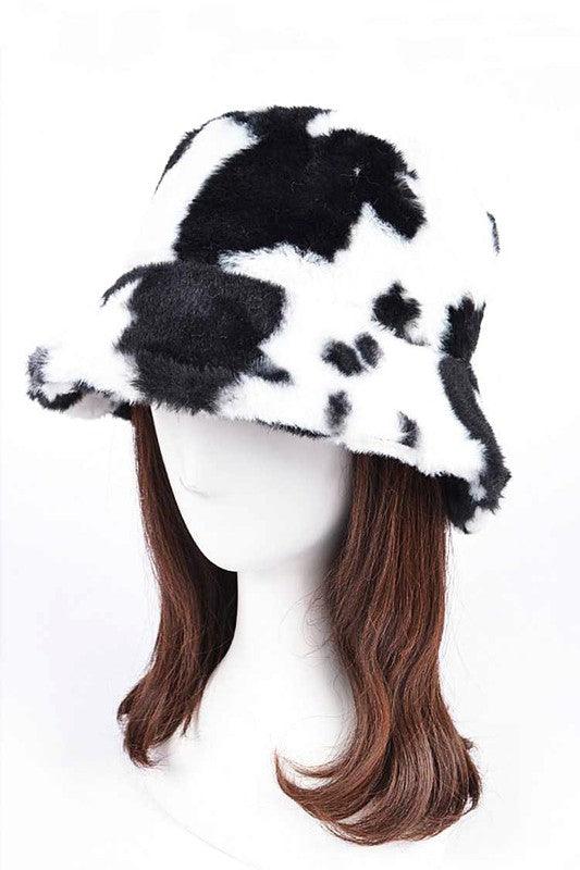 Cow Print Faux Fur Bucket Hat - Leo’s Look Your Best
