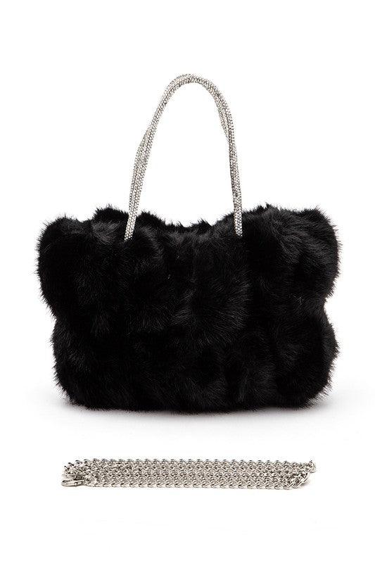 Rhinestone Top Handle Faux Fur Winter Tote Bag - Leo’s Look Your Best