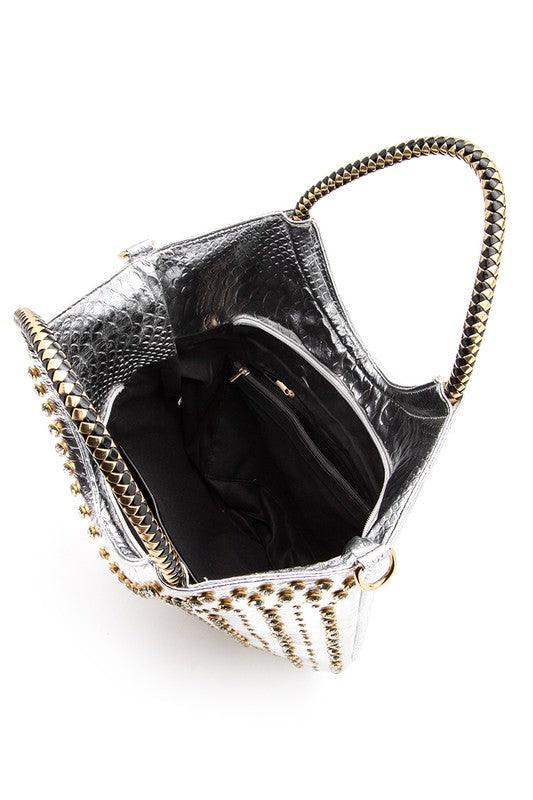 Crystal Studs Embellished Top Handle Tote Bag - Leo’s Look Your Best
