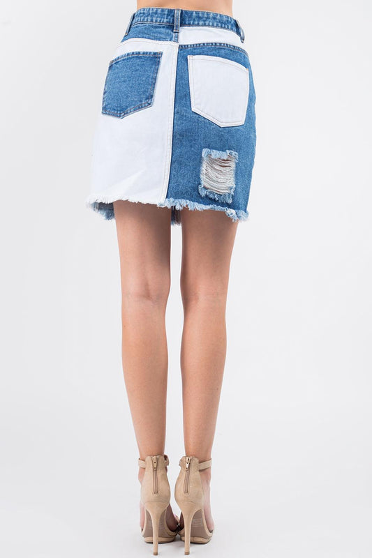 American Bazi Contrast Patched Frayed Denim Distressed Skirts - Leo’s Look Your Best